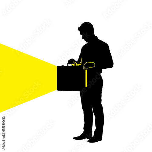 Silhouette of a Man in Dark Shirt Holding Briefcase with Bright Yellow Light on White Background