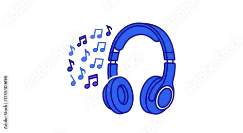 Blue headphones with musical notes, symbolizing music, audio, and entertainment for listening enjoyment