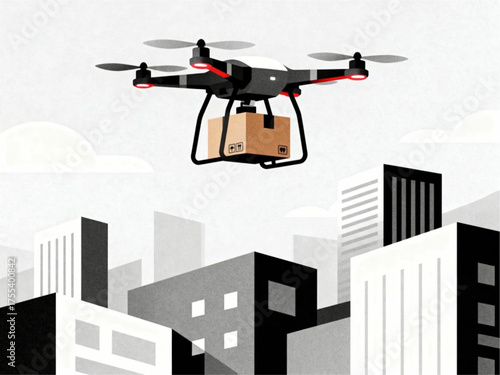 Drone delivering a package over a cityscape, illustrating aerial delivery services