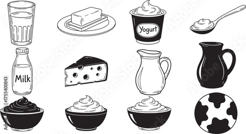Hand-drawn outline illustrations of various dairy products - A fresh and nutritious food collection