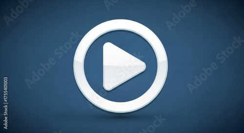 White play button icon with shadow effect on a dark blue background, perfect for multimedia projects and user interface design elements