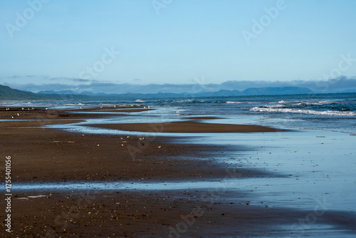 A wide sandy shoreline with gentle waves reflects the sky, while seabirds gather along the coast and distant mountains fade into the misty horizon. Sea of Okhotsk, Sakhalin Island