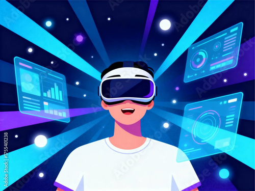 Young man experiencing an immersive virtual reality world, exploring futuristic digital interfaces and data visualization within the metaverse
