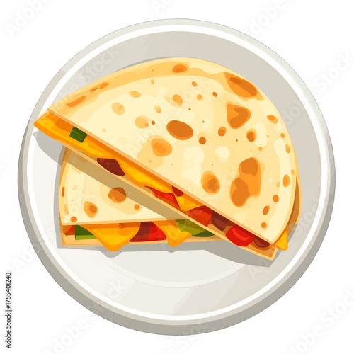 Overhead View of Golden Quesadilla on White Plate with Colorful Vegetables Inside and Yellow Cheese in Bright Lighting Studio Shot