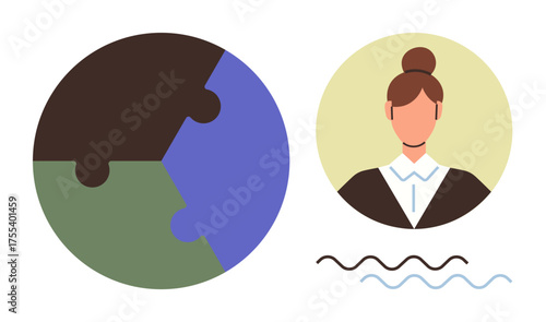Businesswoman portrait next to a globe-shaped puzzle with colorful pieces and wavy lines. Ideal for teamwork, problem-solving, leadership, collaboration, strategy, creativity, simple flat metaphor