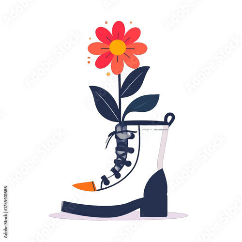 Red Flower Growing from White Boot Graphic on White Background