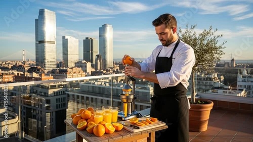Man Making Fresh Orange Juice on Rooftop with City View