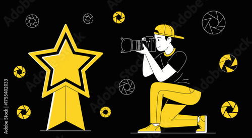 Capturing The Moment: Photographer Snapping a Golden Star Against a Black Background