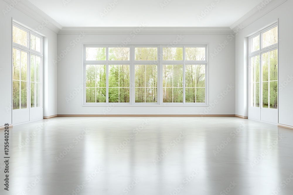 Fototapeta premium Spacious Empty Room with Large Windows Overlooking Lush Green Landscape Outside