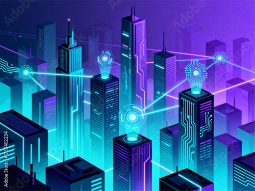 Digital Cityscape Modern Buildings Interconnected in a Futuristic Technology Network