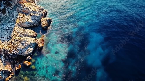 Aerial view of rocky coastlines meeting clear blue waters.