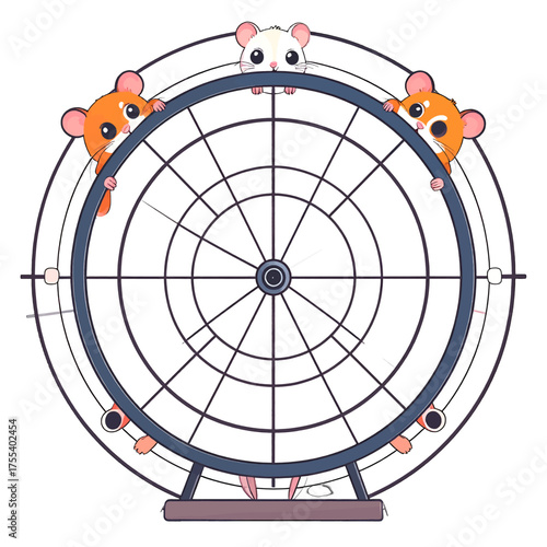 Cartoon Hamsters on Exercise Wheel with White Background and Simple Line Art Illustration Design in Cute and Playful Style, Pets Theme