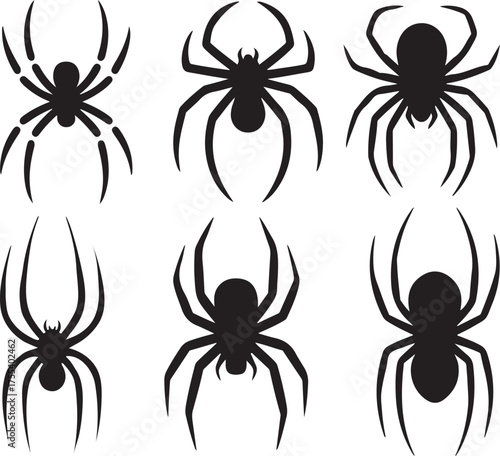 Six silhouettes of spiders in various poses against white background
