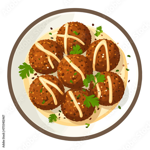 Overhead View of Brown Falafel Balls with Parsley and Creamy Sauce on a Plate Vector