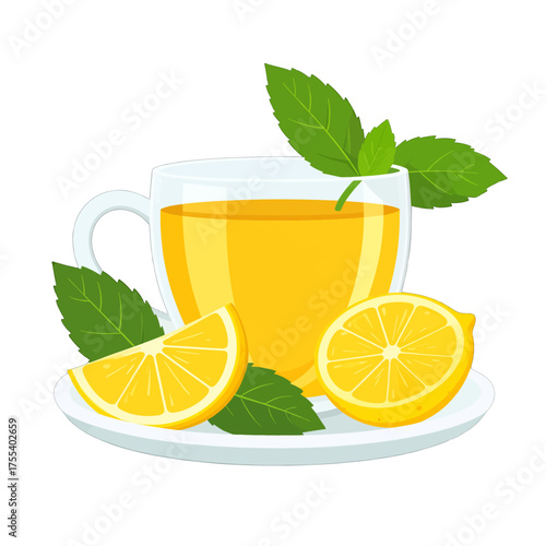 Clear Cup of Yellow Herbal Tea with Lemon Slices and Fresh Green Mint Leaves on White Plate Isolated on White Background