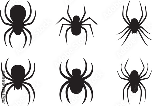 Collection of six black spider silhouettes on a white background for halloween
