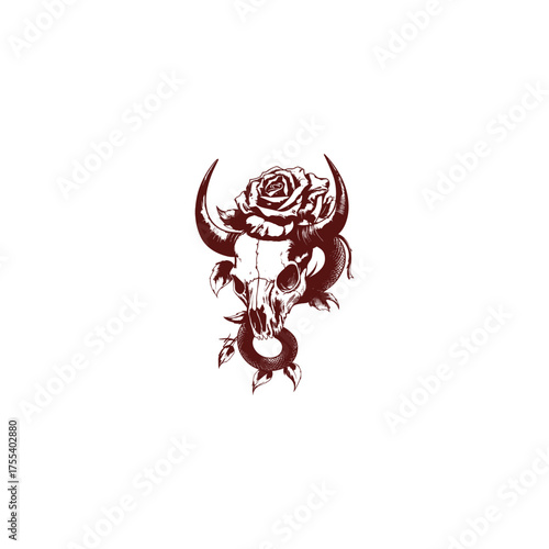 illustration featuring a horned skull with sharp fangs, intertwined with a snake, leaves, and crowned with a single rose flower