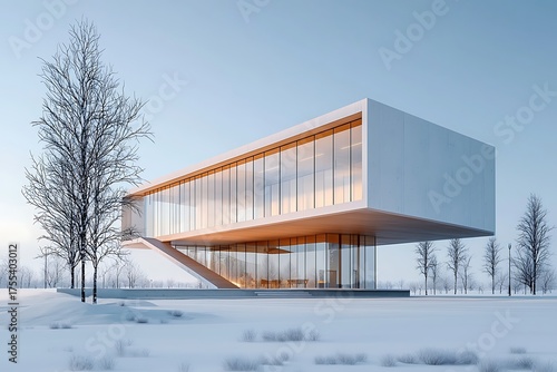 Modern Architectural Design Featuring Minimalist Structure in Snowy Landscape with Trees
