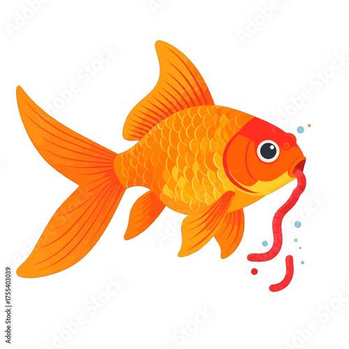 Vibrant Orange Goldfish Devouring a Worm in Clear Water on White Background