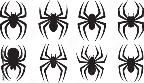 Collection of eight black spider silhouettes on a white background
