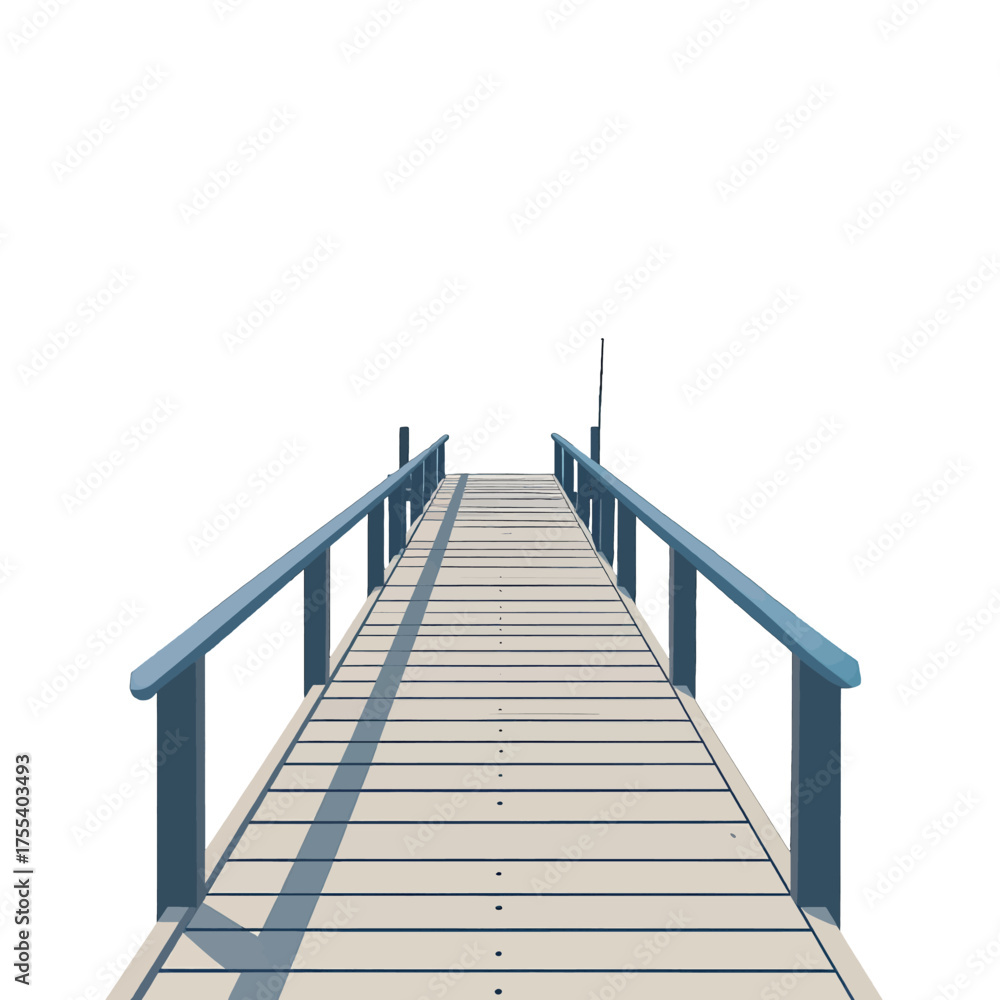 Fototapeta premium Isolated Wooden Pier with Blue Railings Under Bright White Sky Casting Long Shadows in Minimalist Style High Angle View for Stock