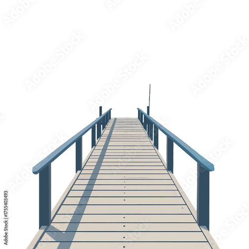 Isolated Wooden Pier with Blue Railings Under Bright White Sky Casting Long Shadows in Minimalist Style High Angle View for Stock