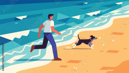 Illustration Of Person Walking A Dog On A Beach, With The Dog Running Freely Near The Waves Vector Design Template