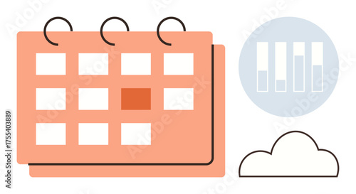 Calendar grid with marked date, circular bar chart, and cloud icon. Ideal for scheduling, productivity, analytics, data storage, task management event planning and organization. Simple flat