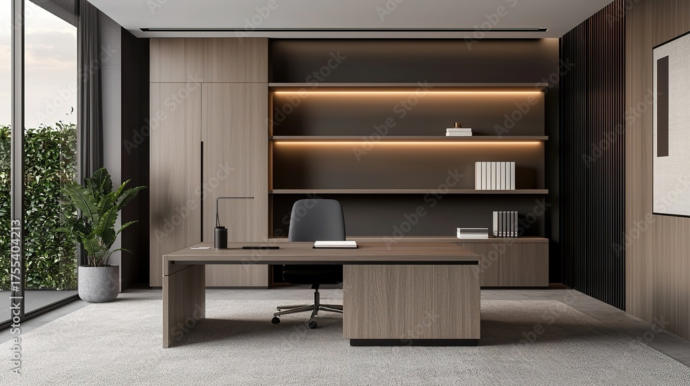 custom made wallpaper toronto digitalA modern office interior featuring a sleek desk, minimalistic decor, and large windows with natural light, creating a professional yet inviting workspace.