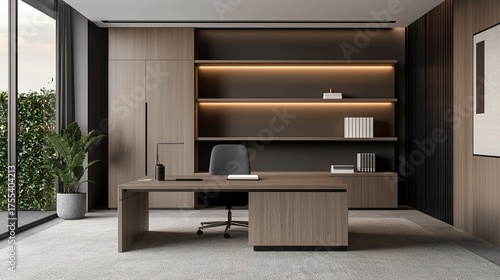 Wallpaper Mural A modern office interior featuring a sleek desk, minimalistic decor, and large windows with natural light, creating a professional yet inviting workspace. Torontodigital.ca