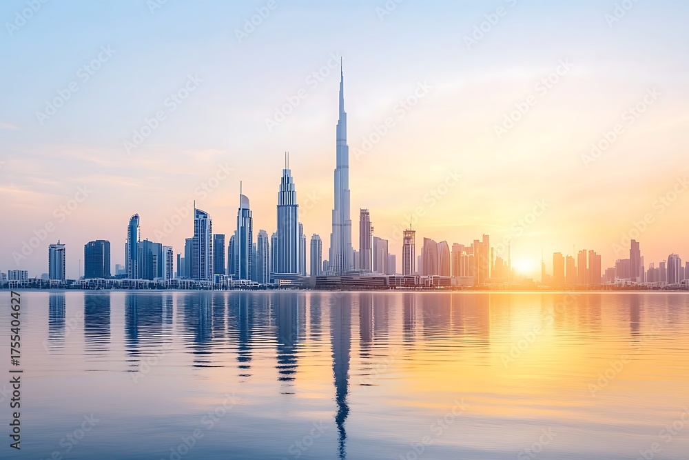 Obraz premium Sunrise Reflection Over City Skyline with Modern Architecture and Water in Dubai