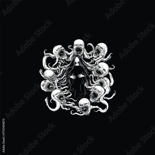 Horror and dark fantasy illustration in black and white engraving style, featuring a cloaked, faceless figure surrounded by a wreath of screaming, demonic heads with tentacle appendages