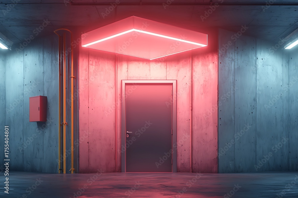 Obraz premium Futuristic corridor with neon lights and a mysterious door in an industrial setting