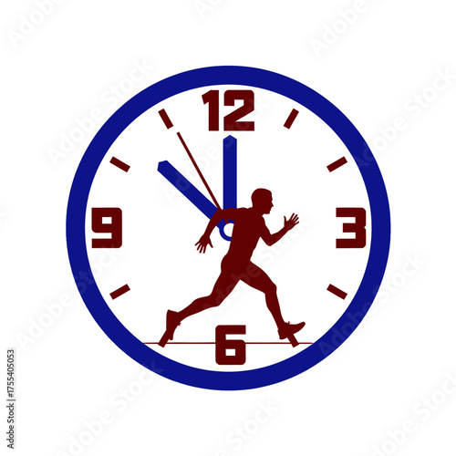 Running Silhouette on Clock Face with Blue Border on White Background Time Concept