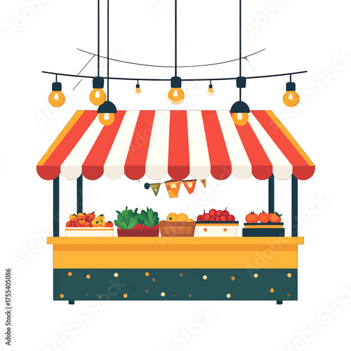 Illustration of a Colorful Market Stall with Red White Striped Awning and Festoon Lights on a White Background