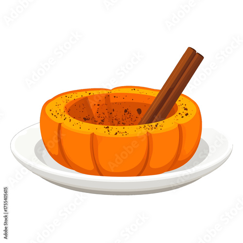 Pixelated Orange Pumpkin Bowl with Cinnamon Stick on White Plate Still Life