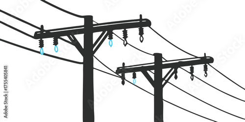 Illustration of power lines and power poles with insulators electricity distribution power supply energy grid system