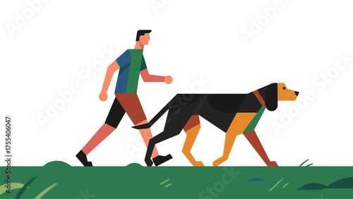 Illustration Of Person Walking A Large, Powerful Dog With A Confident Stride In A Wide-Open Field Vector Design Template