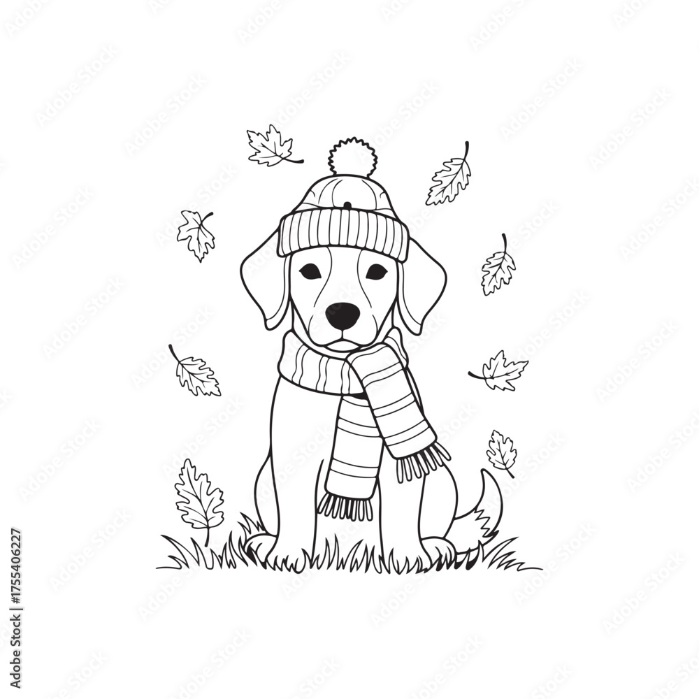 custom made wallpaper toronto digitalCartoon puppy wearing a hat and scarf in autumn line art fall leaves Dog Coloring Page Dog Coloring Book Dog Coloring book