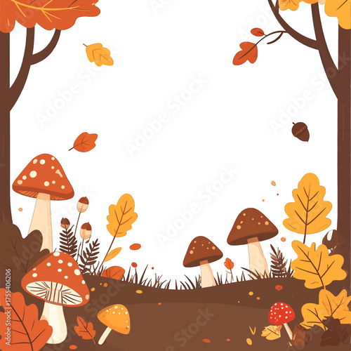 Autumnal Forest Frame with Mushrooms Fallen Leaves and Brown Trees on White Background for Seasonal Design