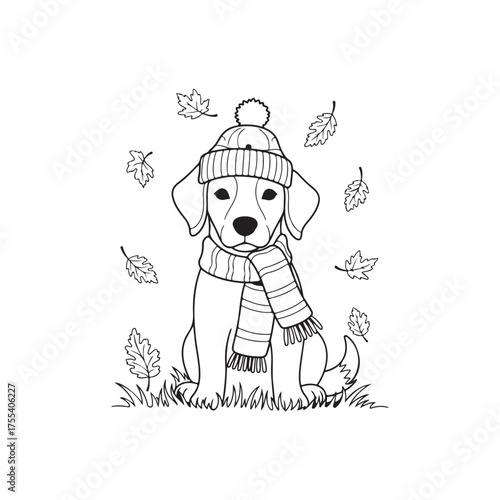 Wallpaper Mural Cartoon puppy wearing a hat and scarf in autumn line art fall leaves Dog Coloring Page Dog Coloring Book Dog Coloring book Torontodigital.ca
