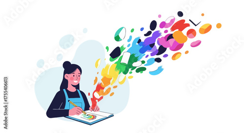 Creative Inspiration Unleashed: A Woman Sketching Colorful Abstract Artistic Concepts