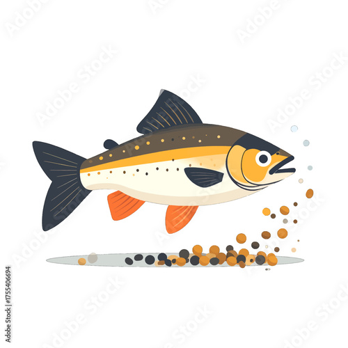 Swimming Fish with Orange Fins and Brown Speckles Eating Pellets on White Background
