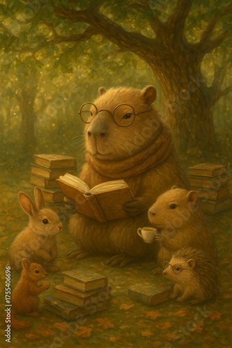 Wise Capybara Reading to Forest Animals — Cozy Woodland Storytime Scene
