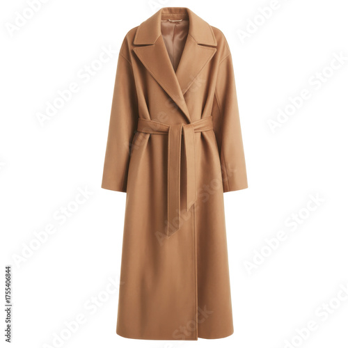 Long camel wool coat with belted waist isolated on a transparent background fashion