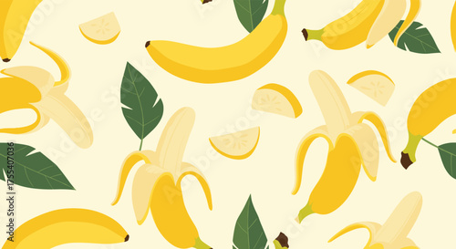 A vibrant yellow pattern featuring ripe bananas and green leaves creating a fresh and tropical feel.