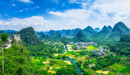 Wallpaper Mural Beautiful river valley with a village and farms surrounded by green karst mountains in Guilin. Torontodigital.ca