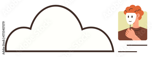 Person holding white mask next to cloud outline symbolizing hidden identity, digital presence, and individuality. Ideal for cloud computing, identity protection, anonymity, digital mask, social