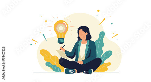 Creative Thinking: Inspired Woman Jots Ideas, Symbolized By Illuminating Lightbulb