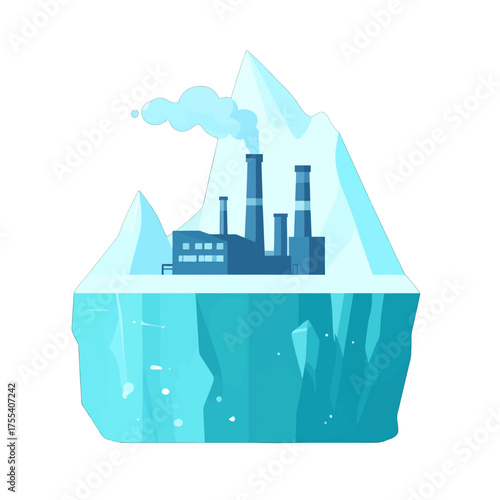 Industrial Factory Silhouette Inside Melting Iceberg Global Warming Concept With Blue and White Pixel Art Vector Illustration on White Background
